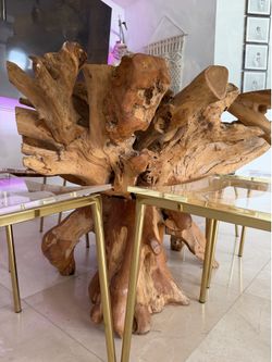 Sculptural Solid Wood Root Dining Table + Glass Top |