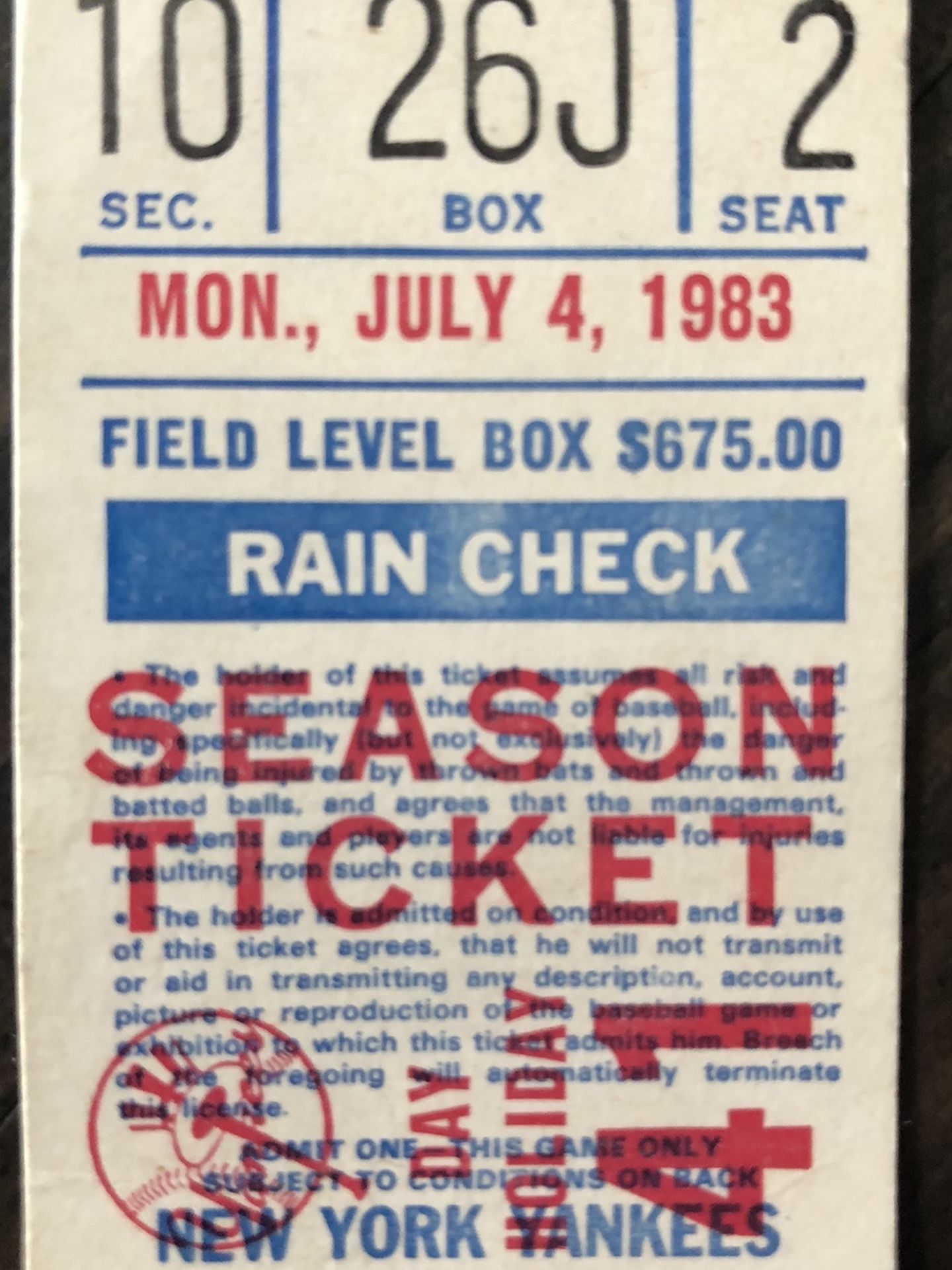 1983 Dave Righetti No Hitter Ticket 9 K/ New York Yankees Vs Boston Red Sox FIELD LEVEL$$