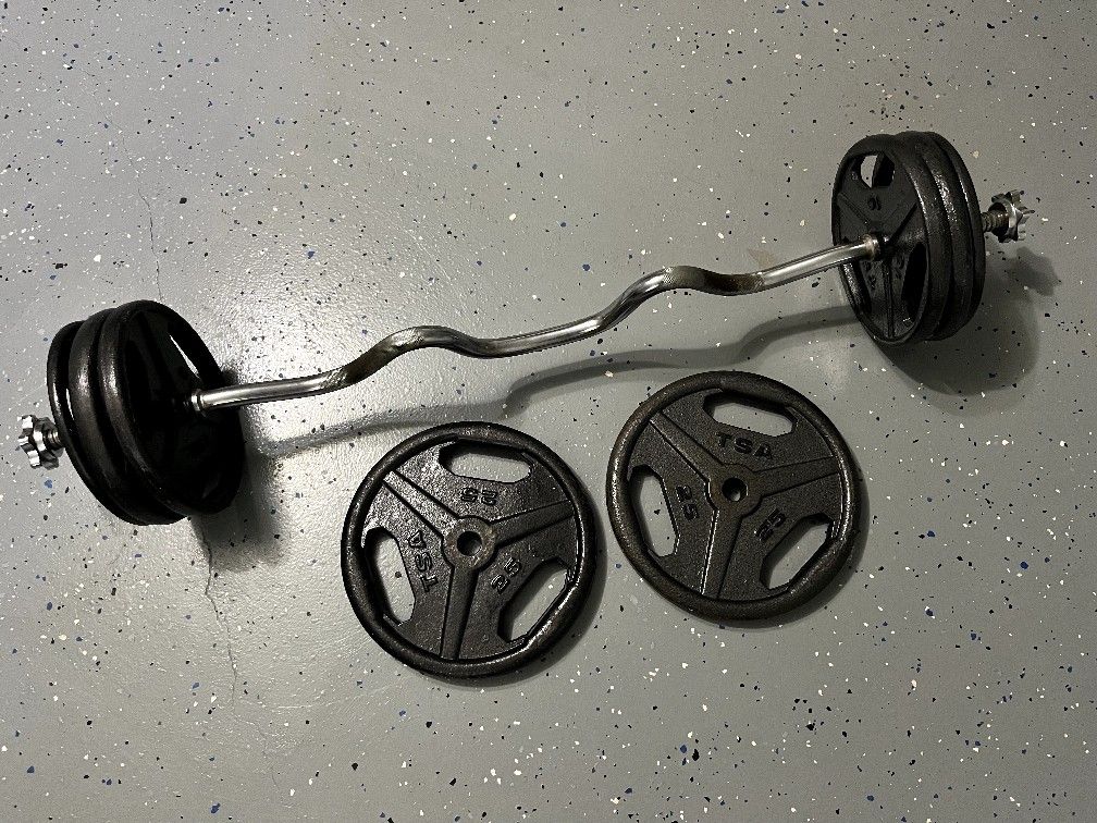 STANDARD EASY CURL BAR & 100 LBS OF STANDARD PLATES (PAIR OF) : 25s & 5s & (4) 10s