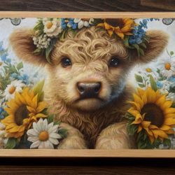 Floral Highland Calf Glass Cutting Board – Farmhouse Kitchen Decor 8x11”