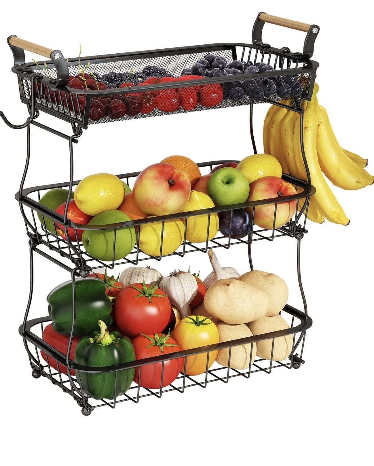 ANTOPY 3 Tier Fruit Basket with 2 Banana Hangers, Countertop Fruit Vegetable Basket Bowl for Kitchen Counter Metal Mesh Basket Fruits Stand Produce Ho
