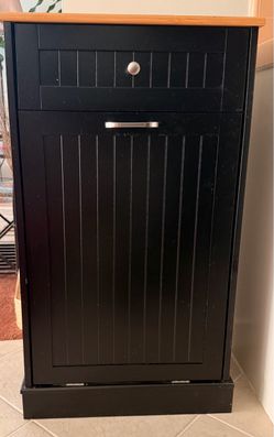 Black trash bin  Cabinet with Wood Top”
