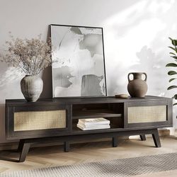 Rattan TV Stand for 65 Inch TV, Boho Black TV Console with Sliding Doors, Entertainment Center with Storage & Shelves, Mid Century Modern Me