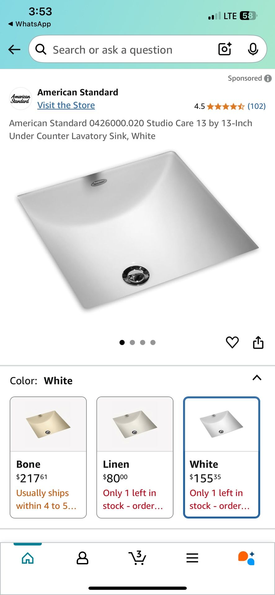 American Standard 0426000.020 Studio Care 13 by 13-Inch Under Counter Lavatory Sink, White