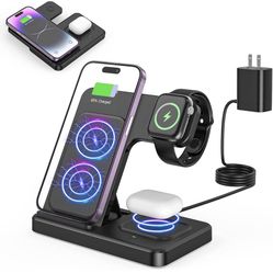 3 in 1 Wireless Foldable Charging Station,Folding Fast Charger Dock Stand for Apple iPhone 14/13/12/11/Pro/Max/XS/XR/X/Plus/Apple Watch 7/6/5/4/3/2/SE