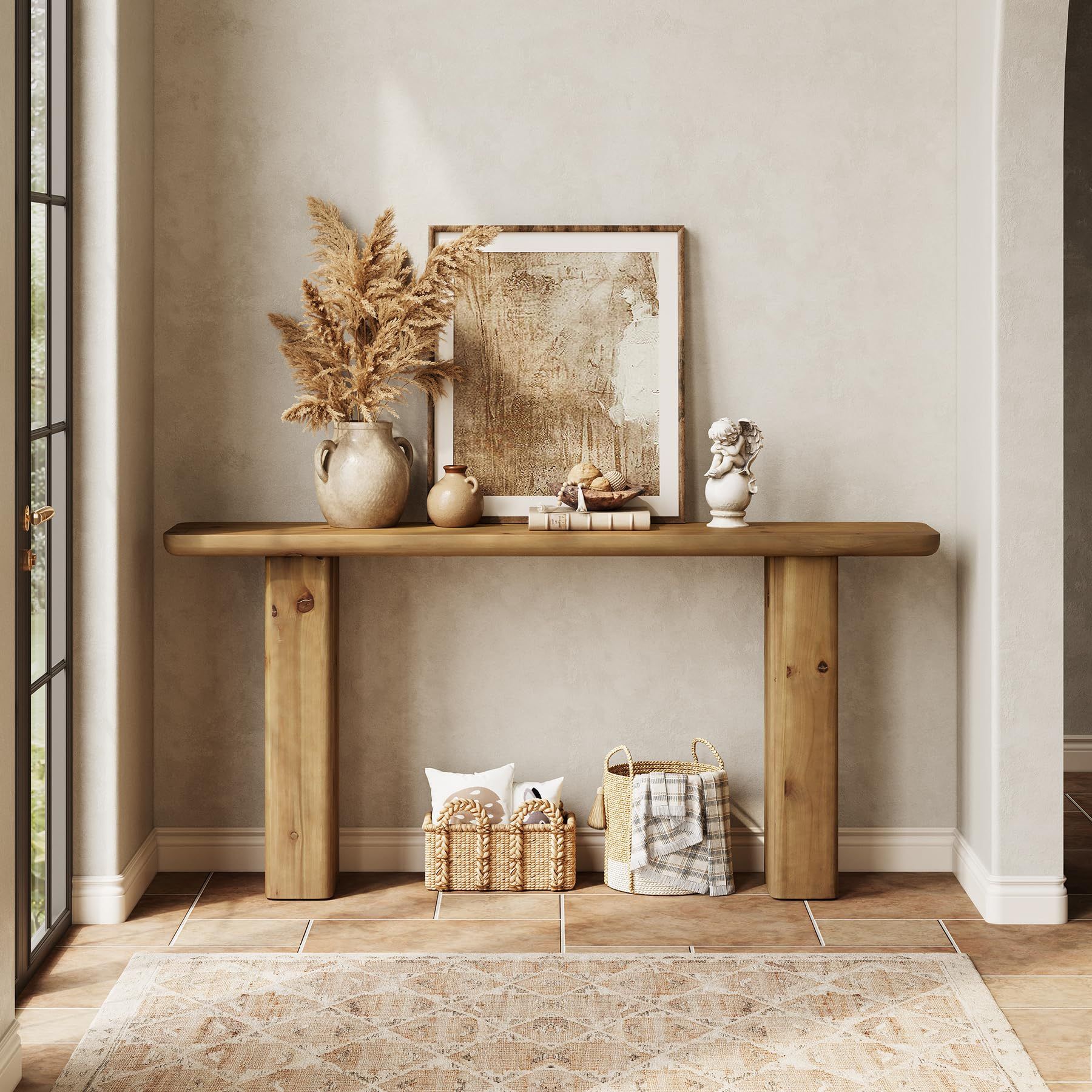 63-Inch Long Solid Wood Console Table, Farmhouse Entryway Table with Sturdy Base, Narrow Sofa Table Behind Couch, for Living Room, Foyer, Hallway, Ent