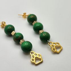 Gold and Green Pawprint Earrings