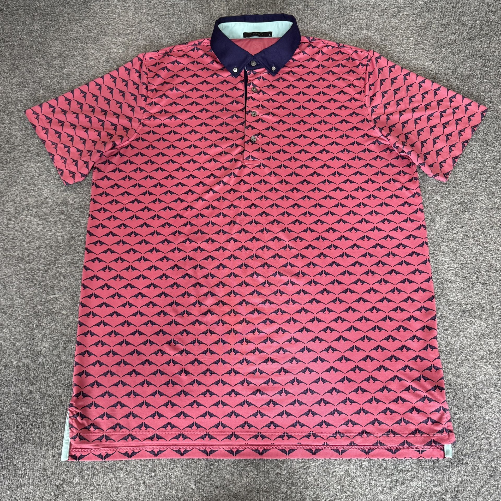 Greyson Polo Shirt Mens Large Pink Bird Print AOP Golf Short Sleeve Performance