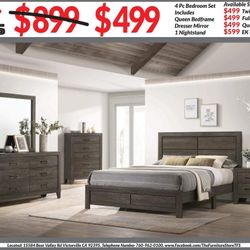 4pc Bedroom Set $499 Queen $599 Eastern King Includes Bedframe (No Boxspring Required) Dresser mirror nightstand Rustic Brown Bedroom Set