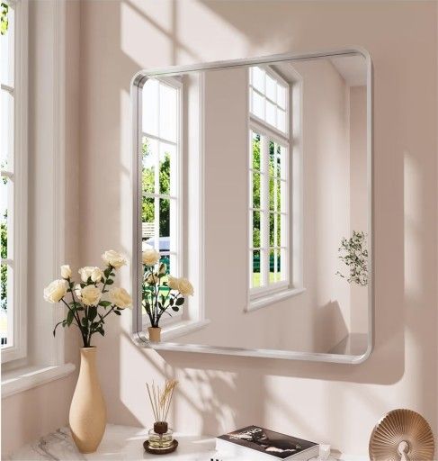 NIB NIB Brushed Nickel Bathroom Mirror 36x36 Inch, Brushed Silver Metal Frame Mirror Wall Mounted, Rounded Bathroom Vanity Mirror, Tempered Glass, Ant