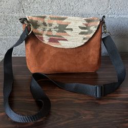 Vintage AZ Totes Rust Suede Southwestern Tapestry Crossbody – Handmade Boho Gem