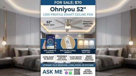 Ohniyou 52'' Low Profile Ceiling Fan with Lights, Remote/APP Control,