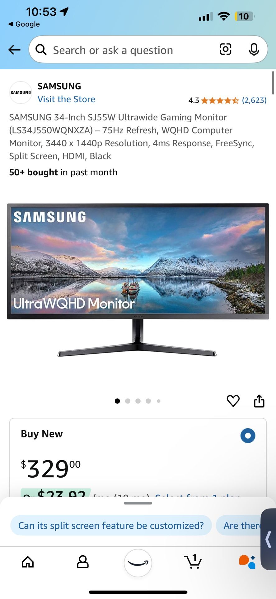 Samsung LS34J550WQNXZA 34-Inch QHD Ultra Wide Monitor, Black