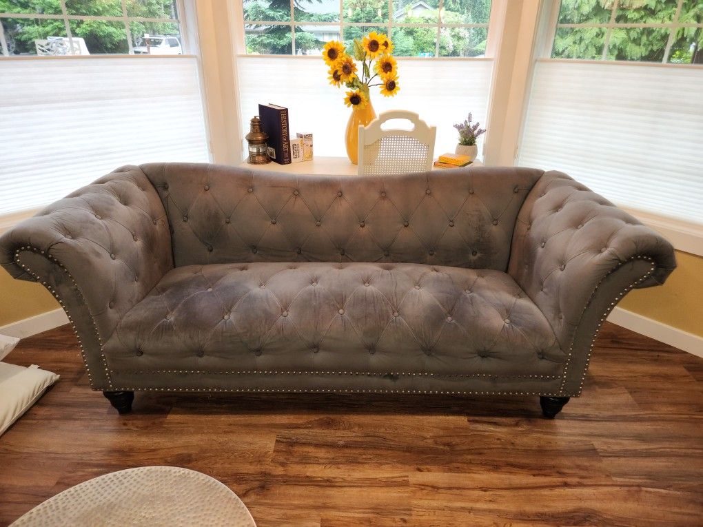 Beautiful Medium Grey Velvet Sofa & Loveseat