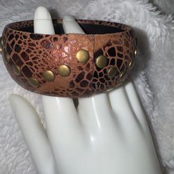 Vintage Leather Thick Bangle Bracelet with Studded Brass Rivets 