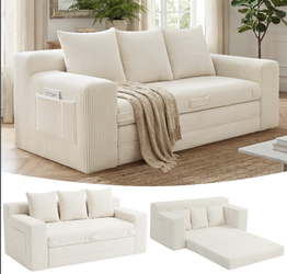 Cream Corduroy Sleeper Sofa with Pull-Out Bed