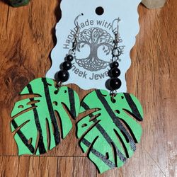 Handmade Black Obsidian Hand Painted Green And Black Monstera  Earrings