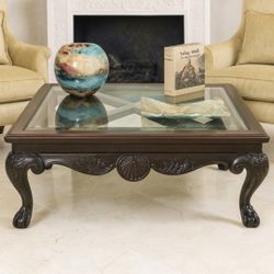 Vintage Glass Top Wooden Coffee Table 