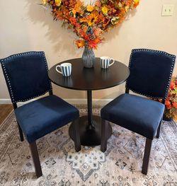 NEW Black Table and two NEW Dark Blue Dining Chairs