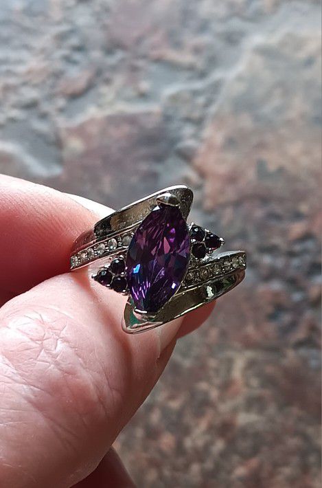 New - Amethyst and Zircon 925 Silver Ring - Size 8