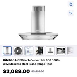 Island Kitchen Aid 36” Wide Stainless Steel Hood 