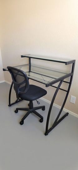 Modern Black Metal & Tempered Glass Computer Desk Set with Mesh Chair