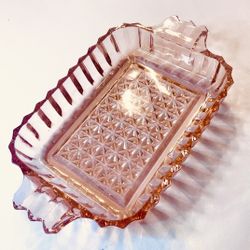 1936-‘46 Jeannette “Windsor Diamond” Pink Depression Glass Tab-Handled Trinket Tray