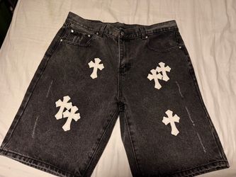 Chrome Hearts black denim shorts white cross