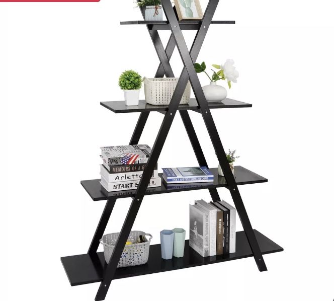 4 Tier Ladder A Frame Bookcase Bookshelf Shelf Storage Display Modern Black