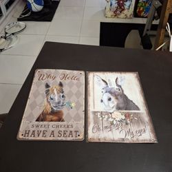 Set Of 2 Retro Tin Sign Humorous Bathroom Decor Incl: "Hello Sweet Cheeks Have A Seat" & "Oh My Eyes My Eyes- Funny Donkeys 8" X 12"