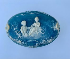 Vintage Incolay Box “First Love” Light Blue & White Scenes - Oval Box