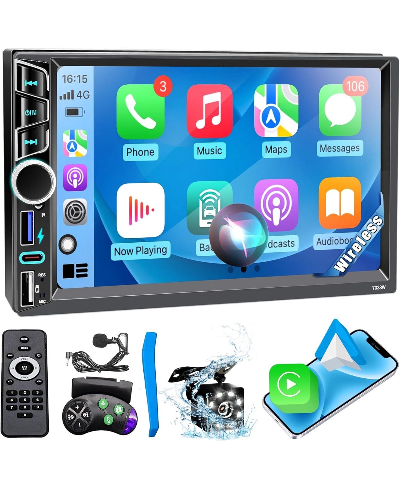 7" Double Din Car Stereo with Wireless Apple CarPlay&Android Auto,180W Outputs, Bluetooth 5.2/FM/USB-C/38W Fast Charge/Physical Knob/Weatherproof Back