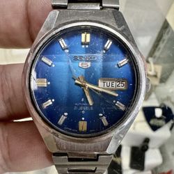 Vintage Seiko 5 6(contact info removed), Blue faceted 21J Automatic 37mm Steel Mens Watch RARE