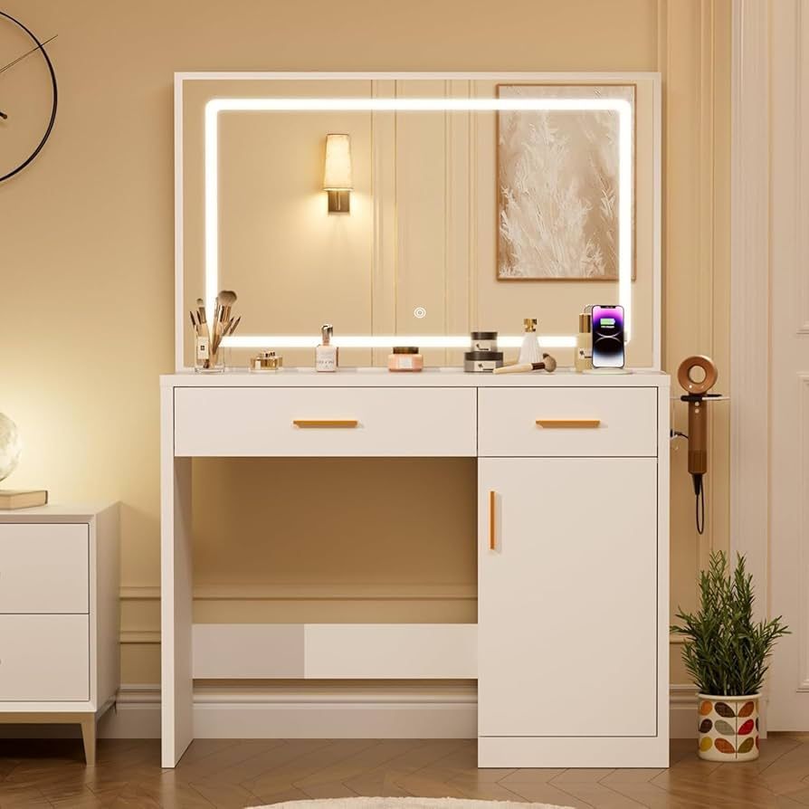 Vanity Desk with Mirror and Lights, Makeup Vanity Table with Power Outlets, 2 Storage Drawers & Large Cabinet, 3 Color Light Modes, Dressing Table for