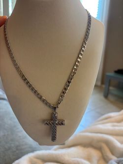 Silver Cross Pendant Cuban Link Necklace