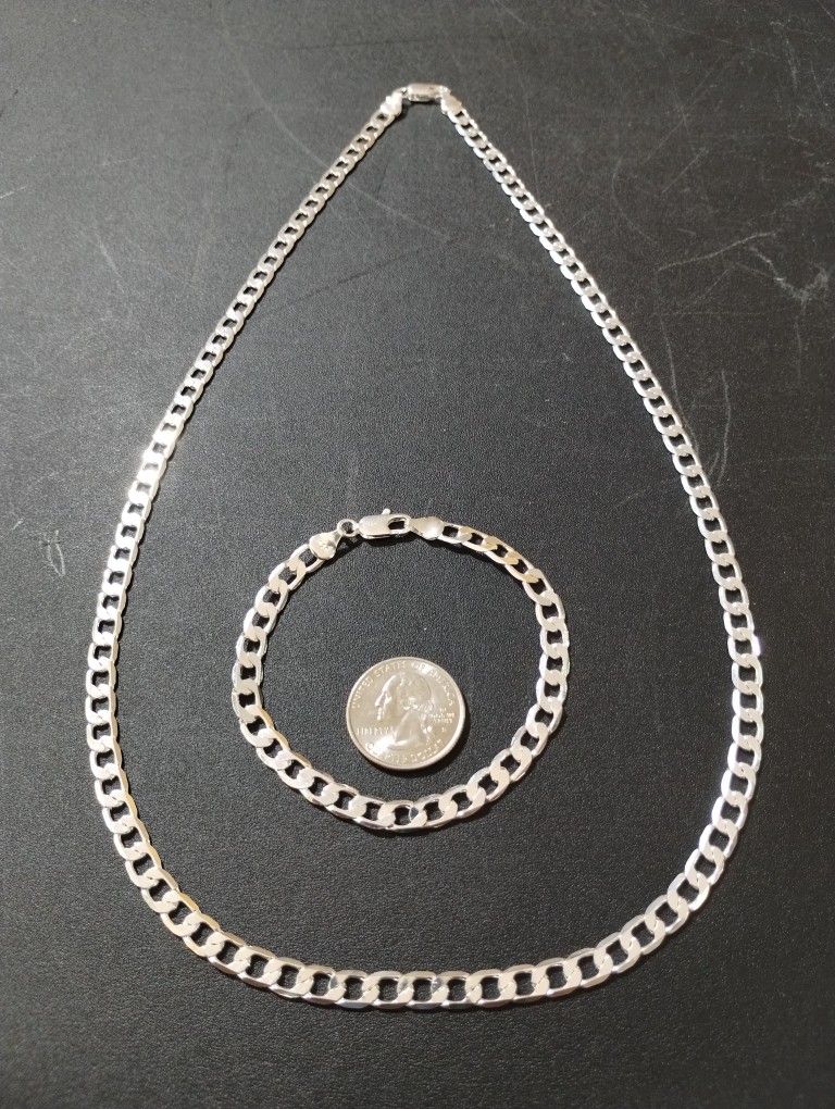 Sterling Silver Wide Link Style Necklace And Bracelet Set