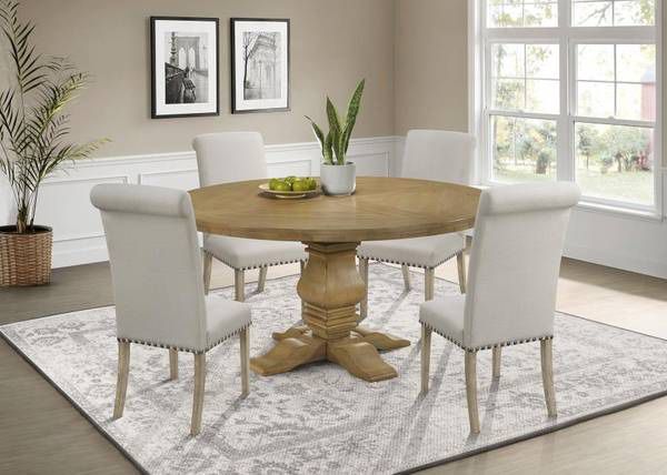 **SALE** Gorgeous Round Solid Wood Pedestal Dining Table with Coordinated Beige Chairs
