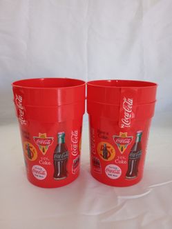 Coca-Cola Set of 2 Red Plastic Advertising Cups Bottle & Logo Soda Theme