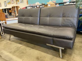 Black Leather Futon with Adjustable Arms and Power Outlet