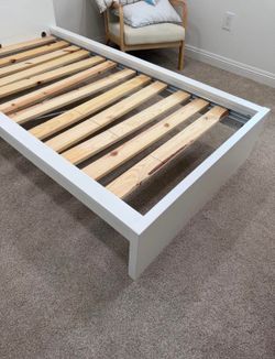 White Platform Bed Frame with Wood Slats
