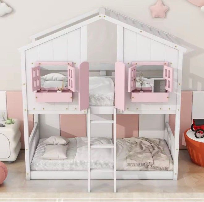 Floor House Bunk Bed with Roof and Window,Built-in Storage Box,Wooden Guardrails with Door/Ladder,Low Bunker Bed Twin Over Twin