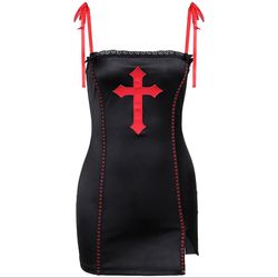 Vintage Gothic Satin Backless Dress Spaghetti Strap Lace-up Retro Mini Dresses S