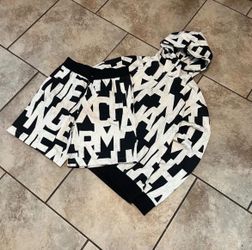 NWT Armani Exchange Allover Logo Half-Zip Hoodie & Shorts Tracksuit Set Black White