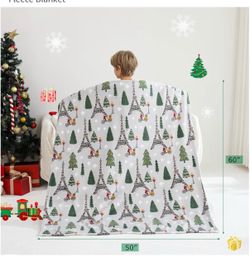 Christmas Throw Blanket 50” x 60” – Eiffel Tower Holiday Print – New
