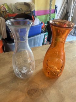 2 - Clear Glass "Skull" Carafes - Clear Glass & Orange Glass