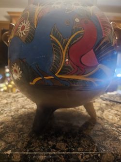 Vintage Terraccota Glazed Handpainted Mexican Pot