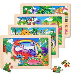 4-Pack Wooden Dinosaur Puzzles for Kids – Ages 3+