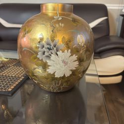 Large Chinese Hand Painted Flowers/Birds Gold Colored Vase