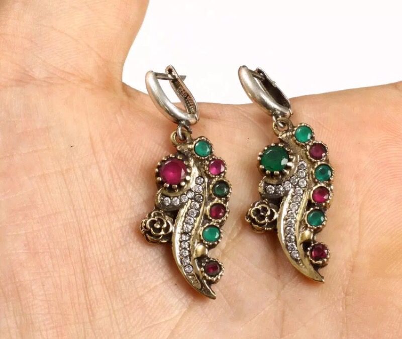 925 Sterling Silver, Handmade Turkish Emerald Ruby Topaz, Earrings