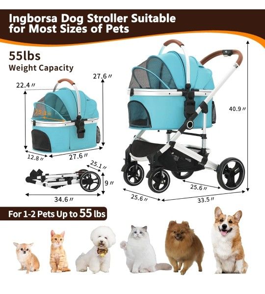 Ingborsa Pet Stroller 3 in 1 Folding Lightweight Dog Stroller with Detachable Carrier & Storage Basket, Premium 4 Wheels Travel Stroller for Puppies, 